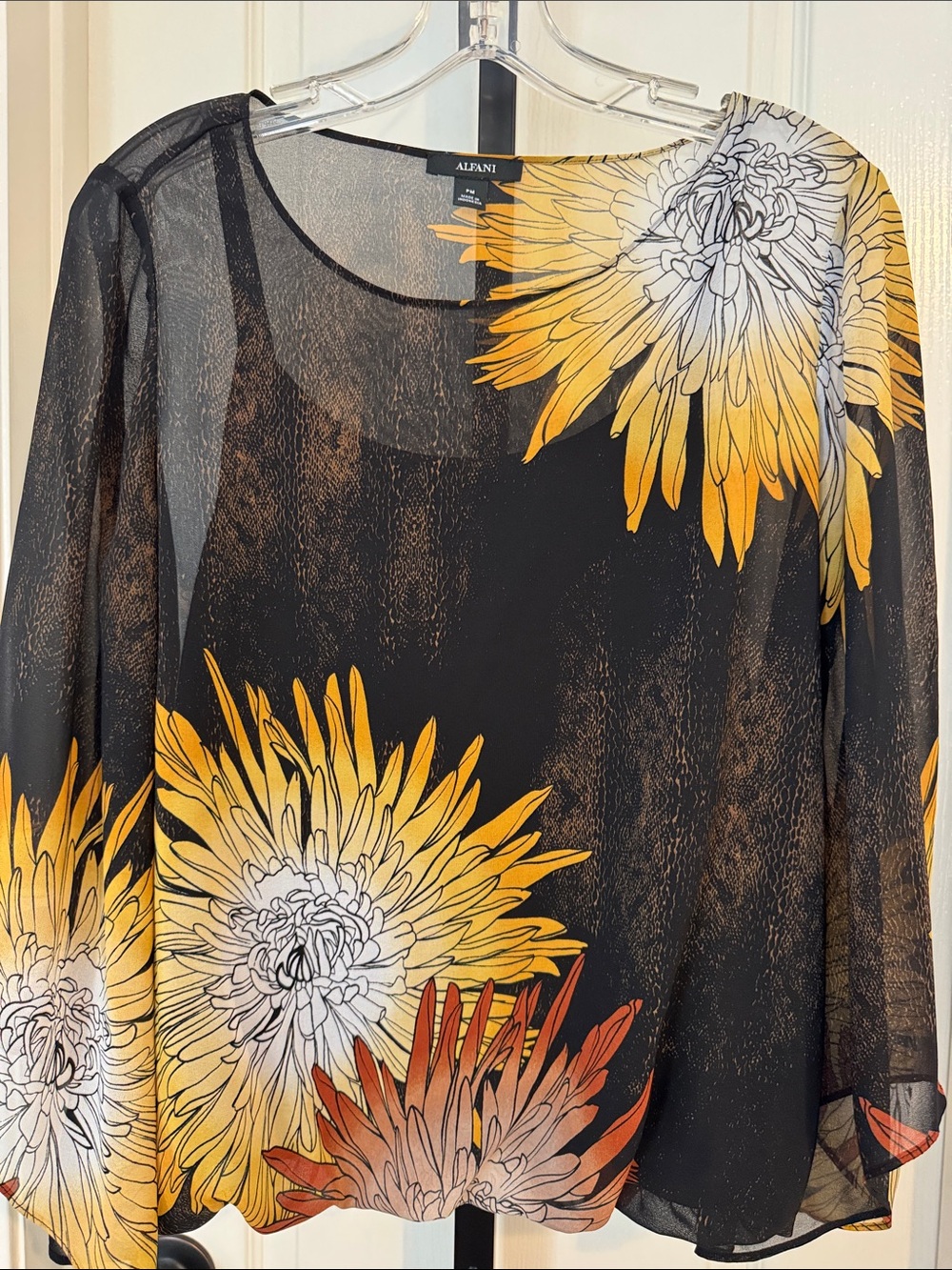 Alfani Black Sheer Blouse with Yellow and Orange Floral Print 0110